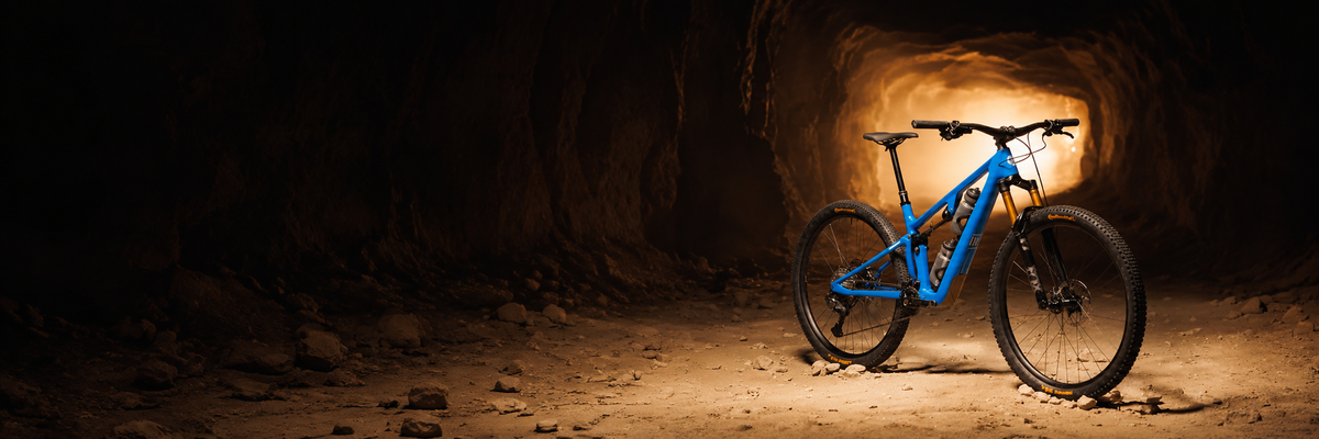 Blue Ibis mountain bike in a warmly lit tunnel