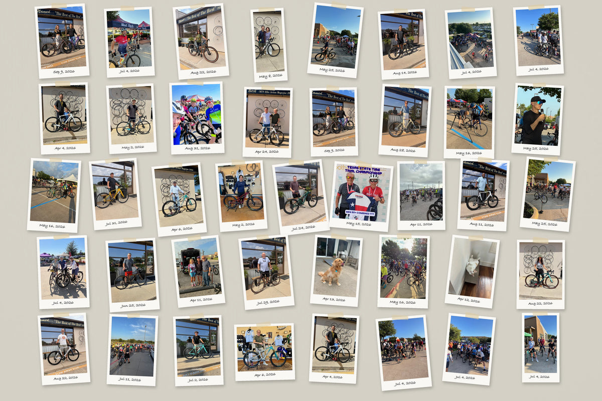 Mad Duck Cyclery community rides and customer photos in dated Polaroid frames