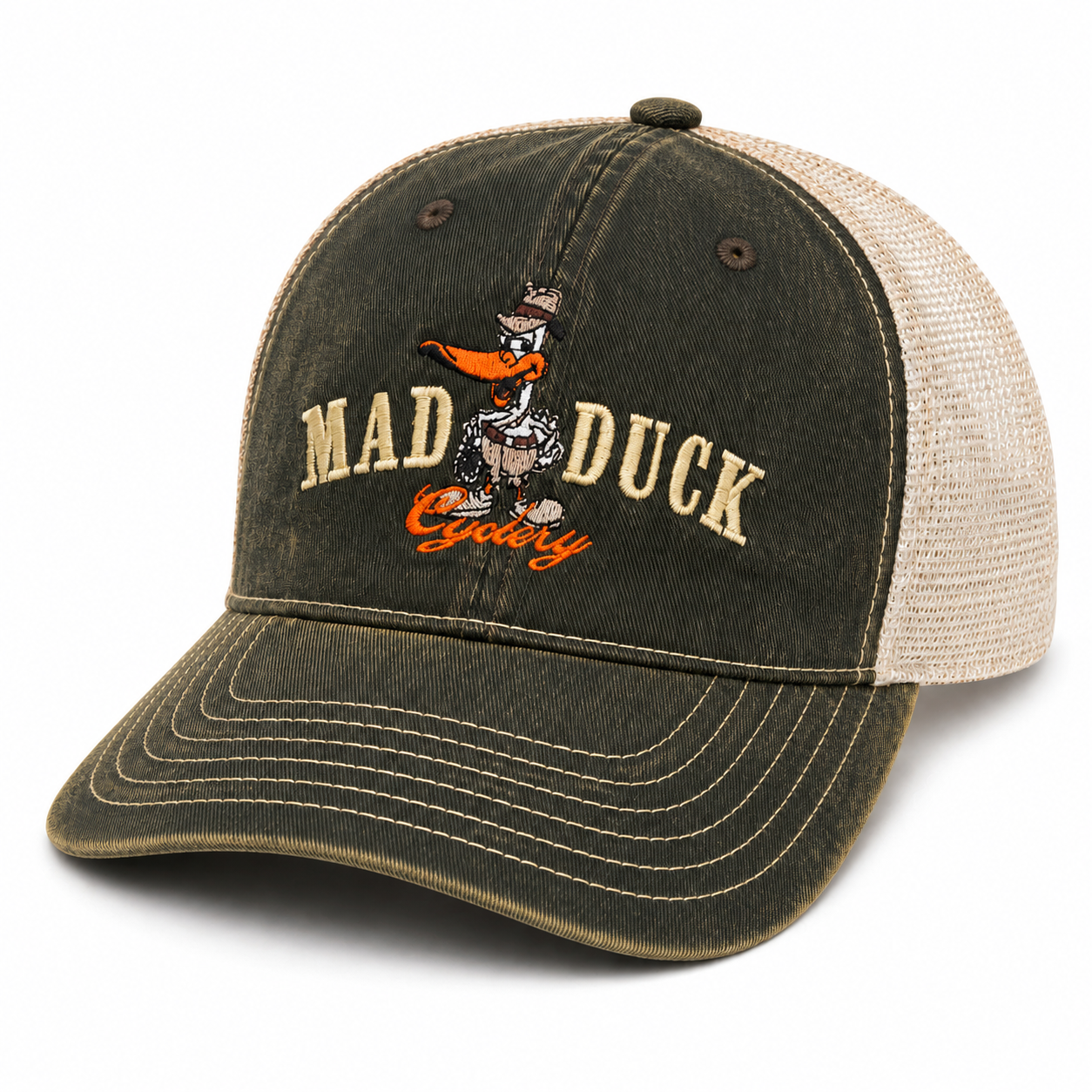 Mad Duck Cyclery vintage trucker hat — Olive / Cream